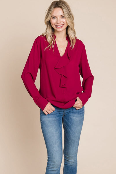 Ruffled V neck Long Sleeve Blouse Tops