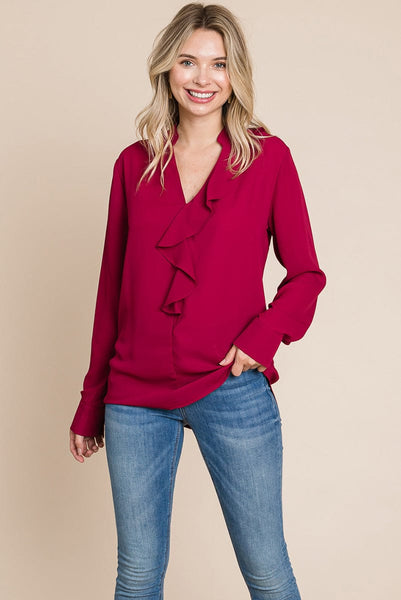 Ruffled V neck Long Sleeve Blouse Tops