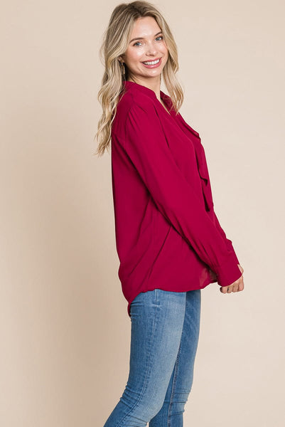 Ruffled V neck Long Sleeve Blouse Tops