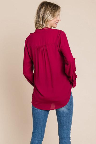 Ruffled V neck Long Sleeve Blouse Tops