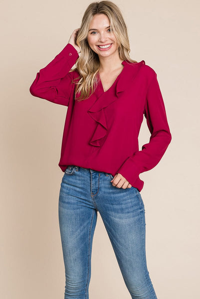 Ruffled V neck Long Sleeve Blouse Tops