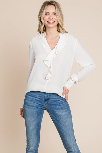 Ruffled V neck Long Sleeve Blouse Tops