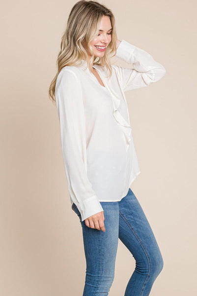 Ruffled V neck Long Sleeve Blouse Tops