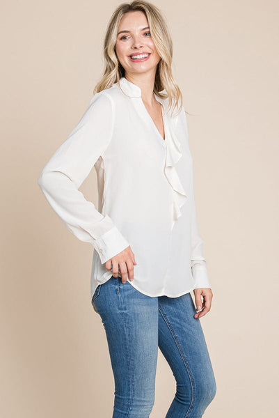 Ruffled V neck Long Sleeve Blouse Tops