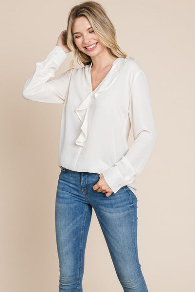 Ruffled V neck Long Sleeve Blouse Tops