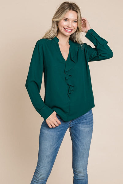 Ruffled V neck Long Sleeve Blouse Tops