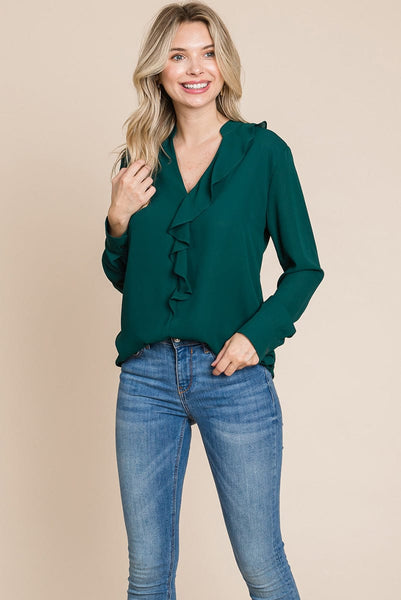 Ruffled V neck Long Sleeve Blouse Tops