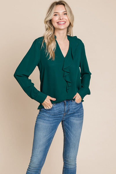 Ruffled V neck Long Sleeve Blouse Tops