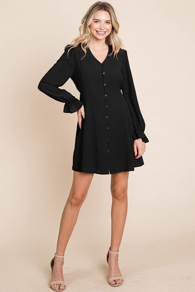 V neck Button Down Long Sleeve Dress