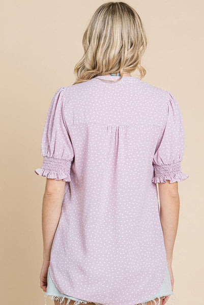 V neck Polka Dot Short Smocked Sleeve Blouse