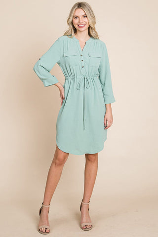 3/4 Sleeve Buttoned Waist Tie V Neck  Shirt Dress