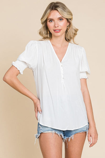 Smocked Sleeve V neck Button up Blouse