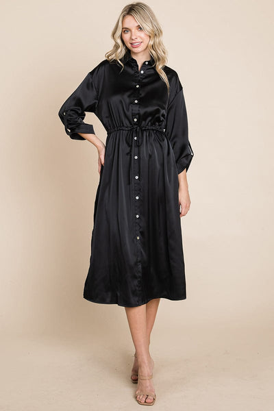 Collared Satin Tied Waist Midi Shirt Dress