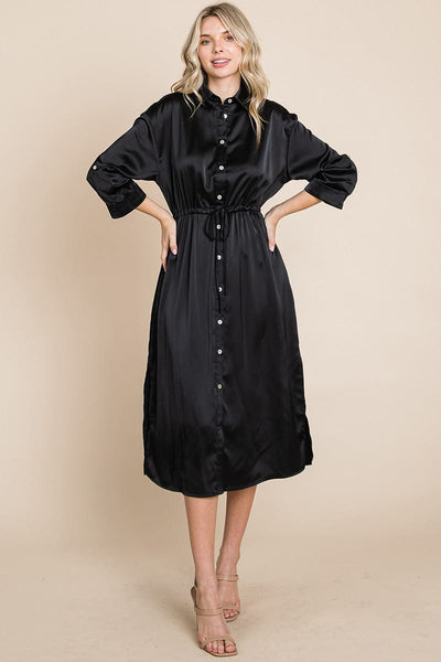 Collared Satin Tied Waist Midi Shirt Dress