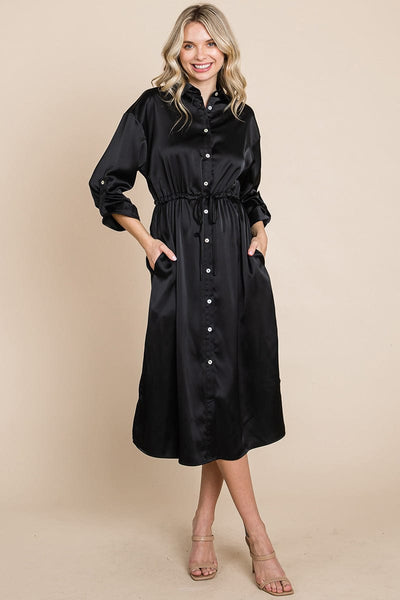 Collared Satin Tied Waist Midi Shirt Dress