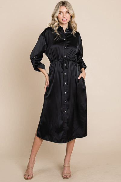 Collared Satin Tied Waist Midi Shirt Dress