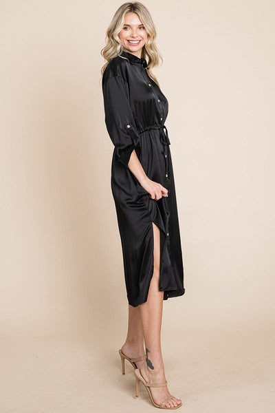 Collared Satin Tied Waist Midi Shirt Dress