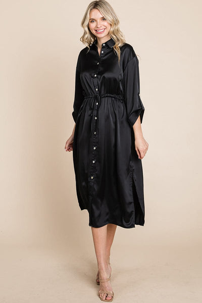 Collared Satin Tied Waist Midi Shirt Dress