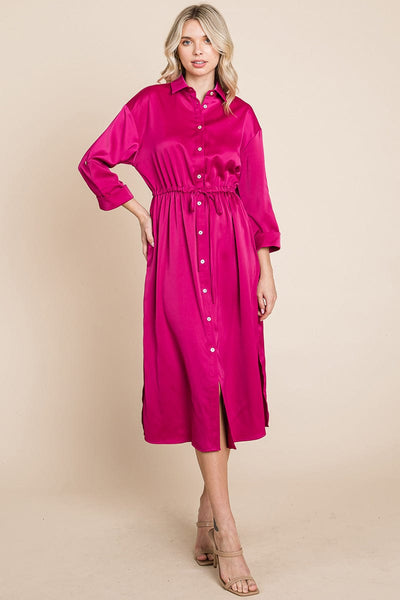 Collared Satin Tied Waist Midi Shirt Dress