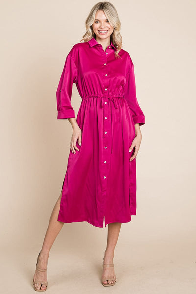 Collared Satin Tied Waist Midi Shirt Dress