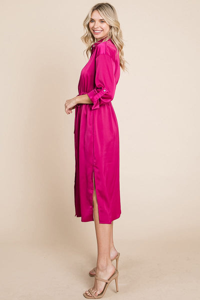 Collared Satin Tied Waist Midi Shirt Dress