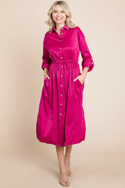 Collared Satin Tied Waist Midi Shirt Dress