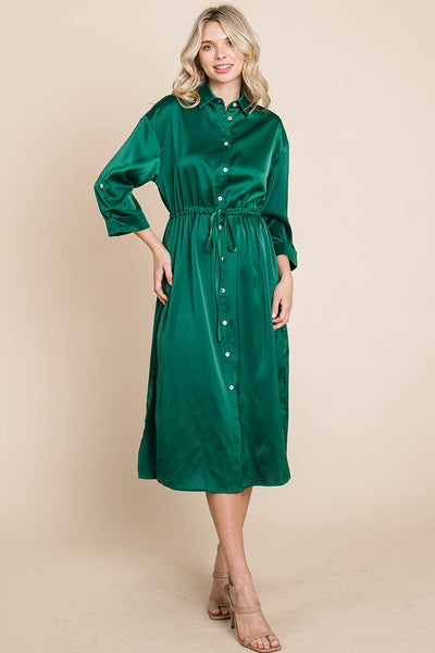 Collared Satin Tied Waist Midi Shirt Dress