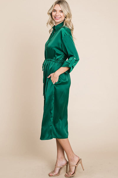 Collared Satin Tied Waist Midi Shirt Dress