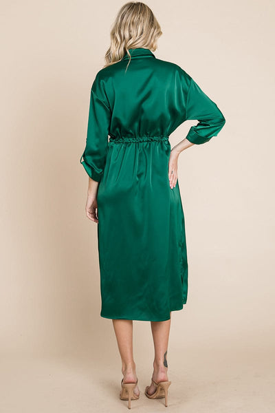 Collared Satin Tied Waist Midi Shirt Dress