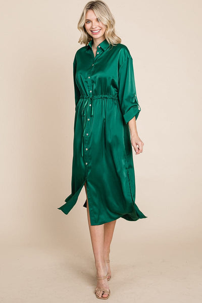 Collared Satin Tied Waist Midi Shirt Dress