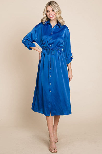 Collared Satin Tied Waist Midi Shirt Dress