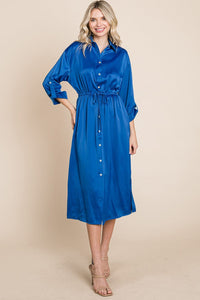 Collared Satin Tied Waist Midi Shirt Dress