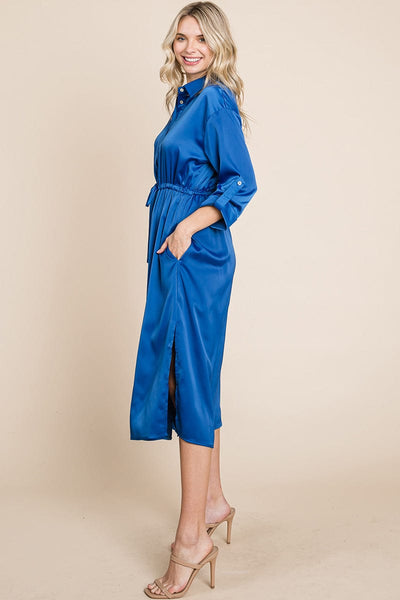 Collared Satin Tied Waist Midi Shirt Dress