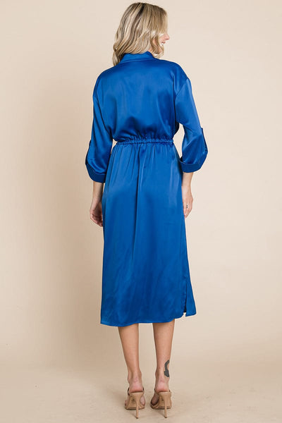 Collared Satin Tied Waist Midi Shirt Dress