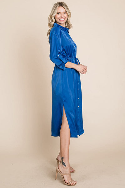 Collared Satin Tied Waist Midi Shirt Dress