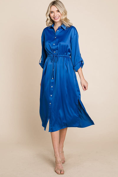 Collared Satin Tied Waist Midi Shirt Dress