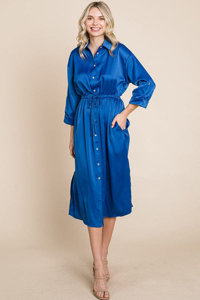 Collared Satin Tied Waist Midi Shirt Dress