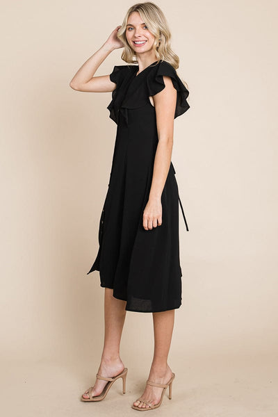 V neck Flutter Sleeve A line Midi Dress