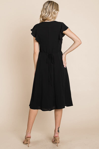 V neck Flutter Sleeve A line Midi Dress