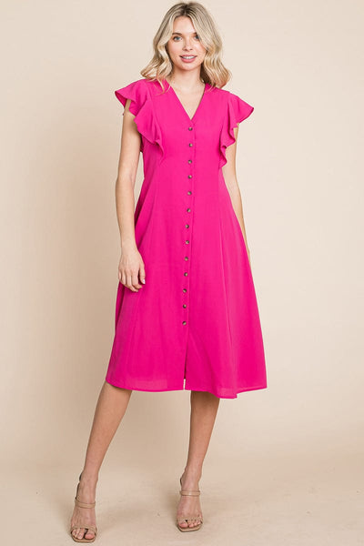 V neck Flutter Sleeve A line Midi Dress