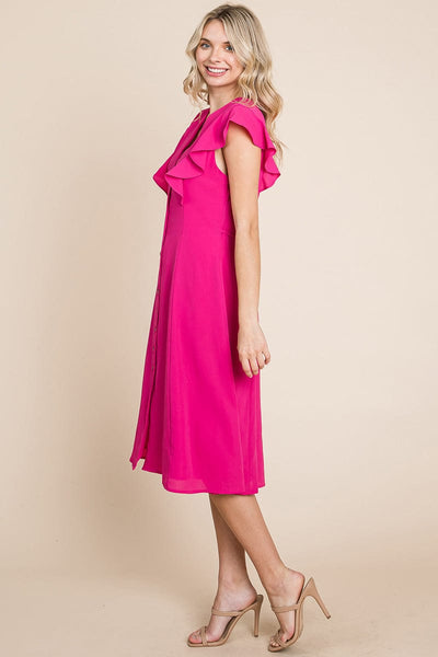 V neck Flutter Sleeve A line Midi Dress