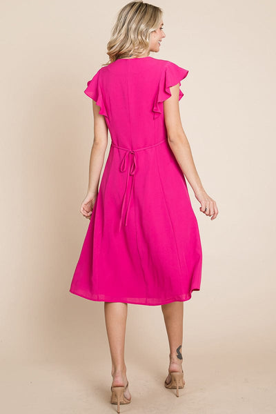 V neck Flutter Sleeve A line Midi Dress