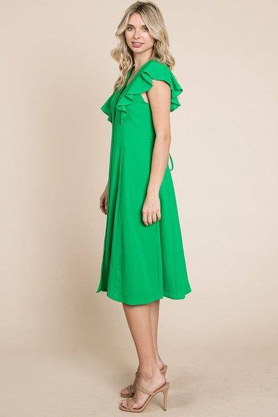 V neck Flutter Sleeve A line Midi Dress