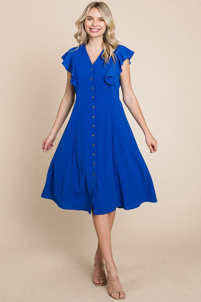 V neck Flutter Sleeve A line Midi Dress