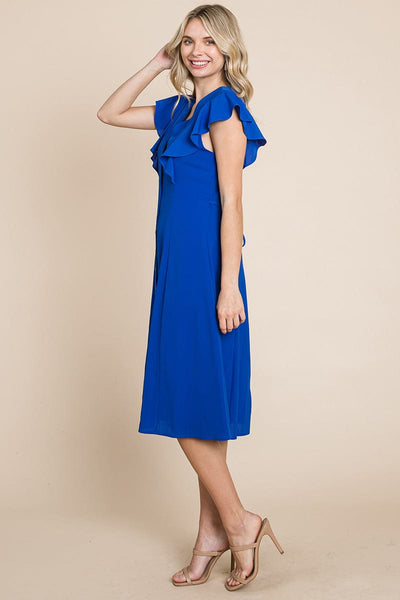 V neck Flutter Sleeve A line Midi Dress