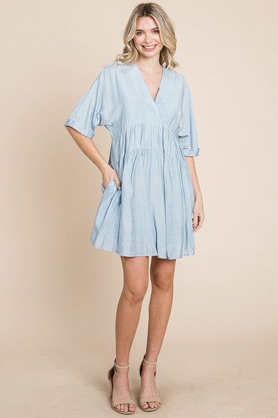 Tiered Dolman Sleeve V neck Babydoll Dress