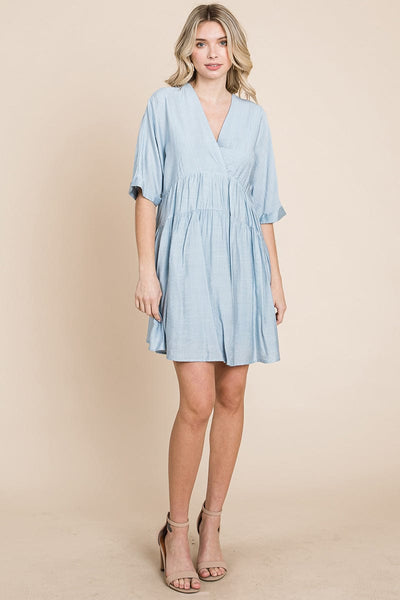 Tiered Dolman Sleeve V neck Babydoll Dress